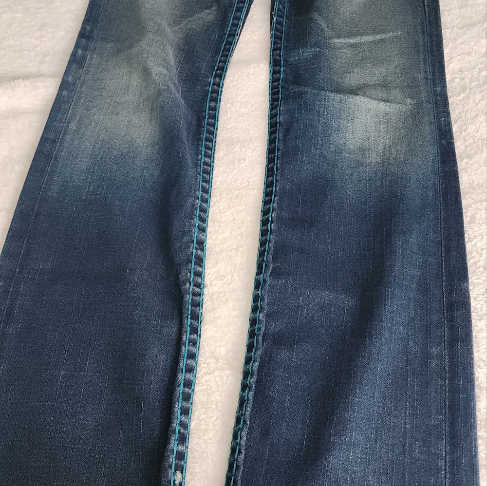 True Religion low rise boot cut jeans with turquoise stitching, distressed style - Picture 4 of 6